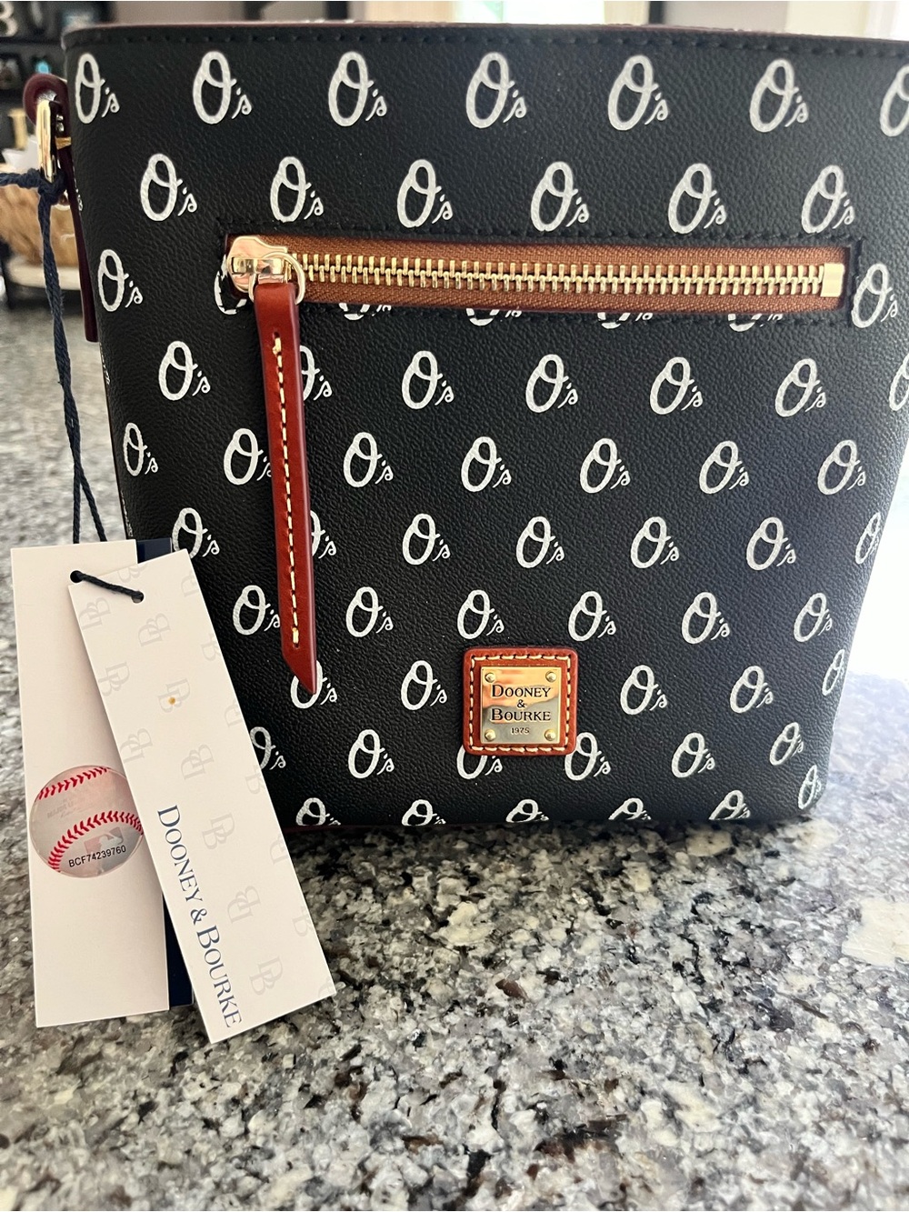 Dooney & Bourke Black Signature Print MLB Orioles Crossbody with Brown Trim